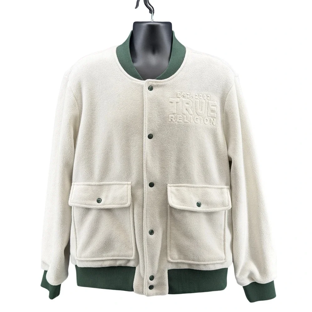 True Religion size M Medium Fleece Utility Bomber Jacket Winter White/Green.
